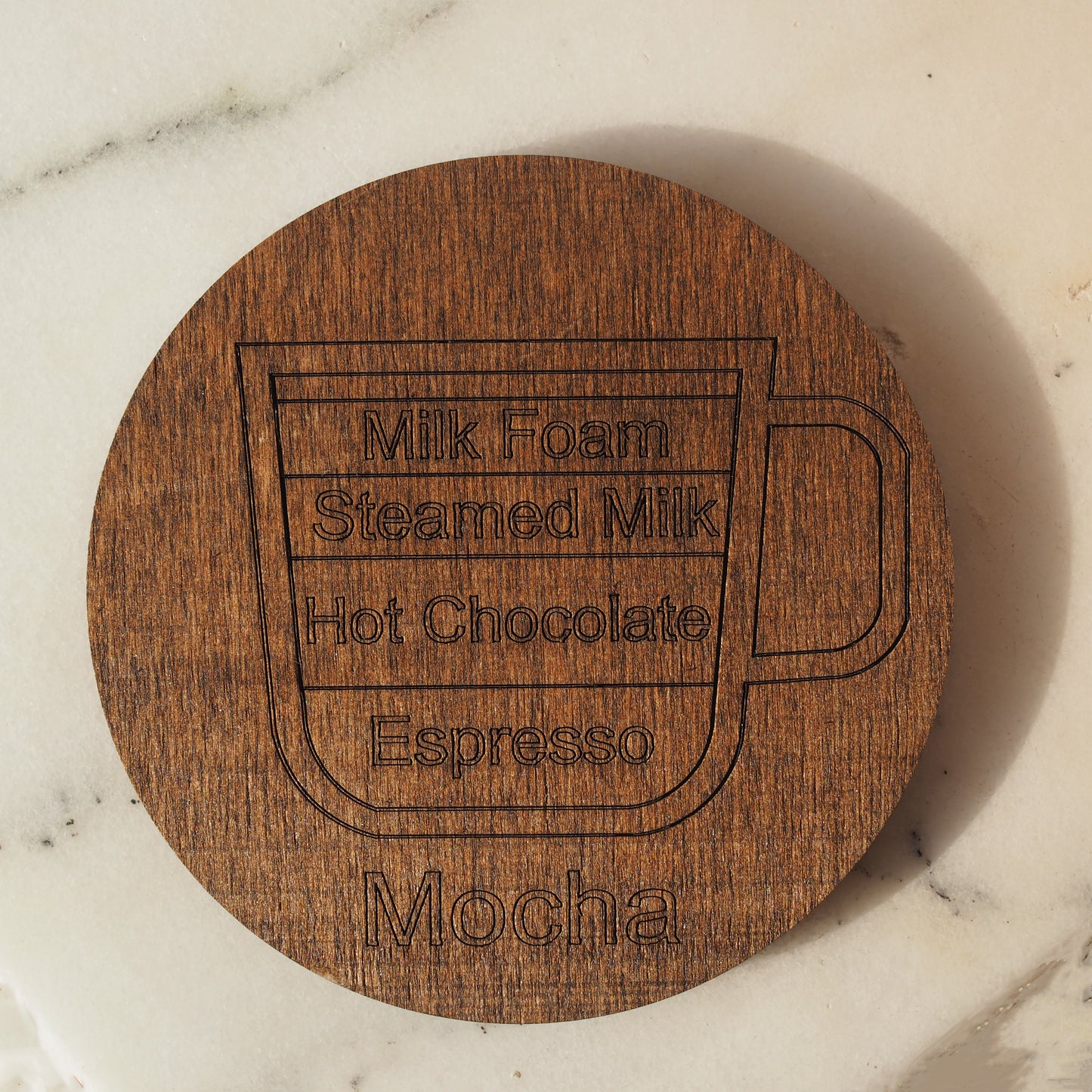 Set of 6 Coffee-Themed Wooden Coasters with Holder – Rustic Drink Coasters Featuring Americano, Macchiato, Latte, Espresso, Mocha,Cappuccino