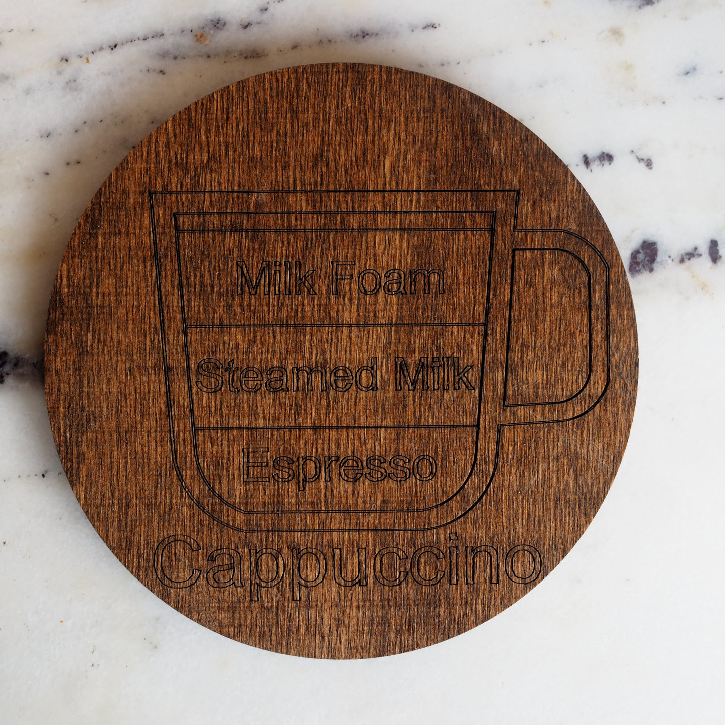 Set of 6 Coffee-Themed Wooden Coasters with Holder – Rustic Drink Coasters Featuring Americano, Macchiato, Latte, Espresso, Mocha,Cappuccino